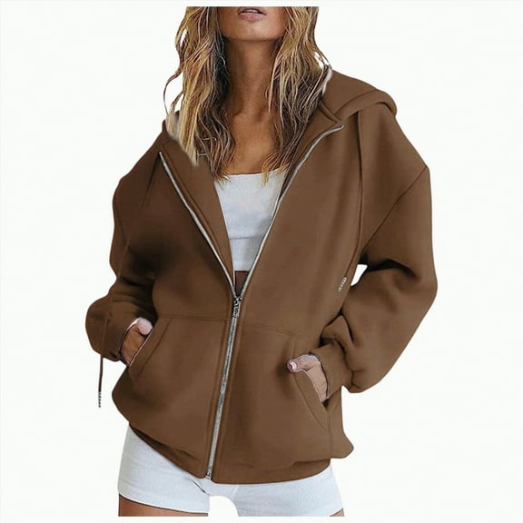 Hessimy Women'S Casual Full-Zip Hoodie Lightweight Long Sleeve Sweatshirt Casual Jacket With Pocket Essentials Hoodie Half Zip Pullover (Coffee,XXL)