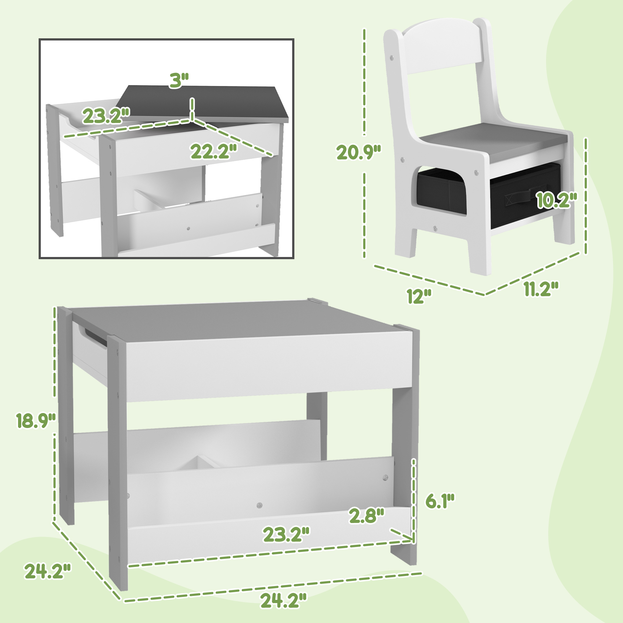 Homiyad 3pc Kids Table and Chair Set with Reversible Tabletop Blackboard, Storage & Bookshelves, Gray