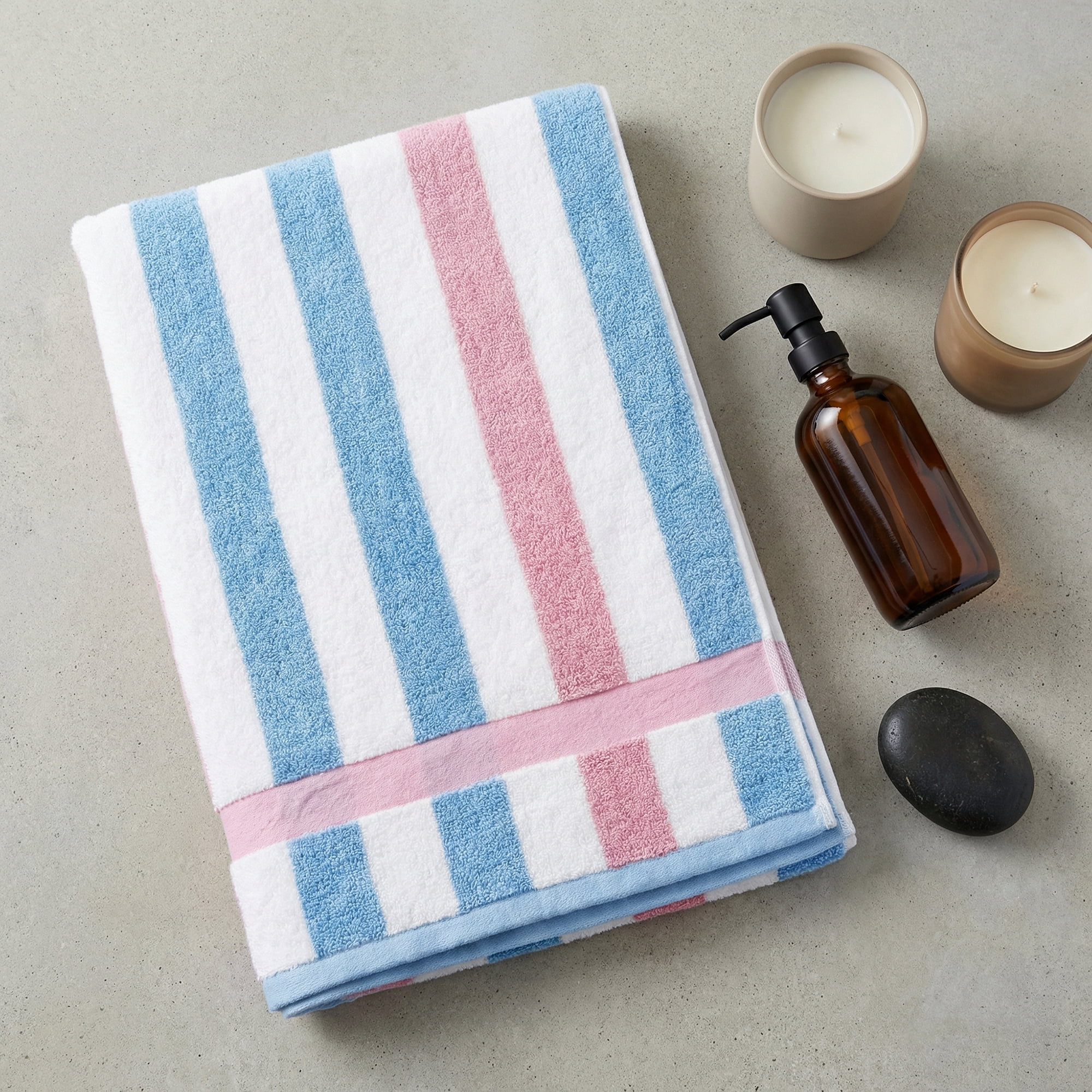 Unique Bargains Absorbent Stripe Soft Cotton Towel 2 Pack Pink/Royal Blue 55"x28"