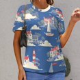 thumbnail image 3 of Coastal Village Scene Women's Short Sleeve T-Shirt Crew Neck Casual Summer Trendy Loose Fit Tops, 3 of 7