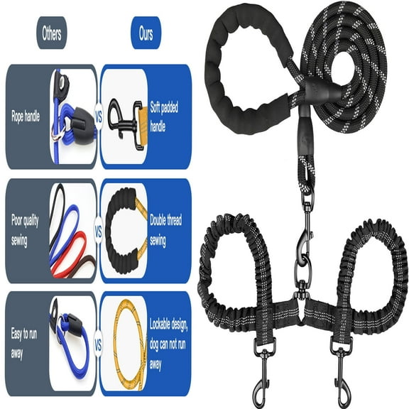 Double Dog Leash, Dual Dog Leash, 360° Swivel Tangle Free Bungee Walking Training for Large Medium Dogs, Shock Absorbing Bungee Reflective for Two Dogs, 18~121 lbs, Black,1 PC