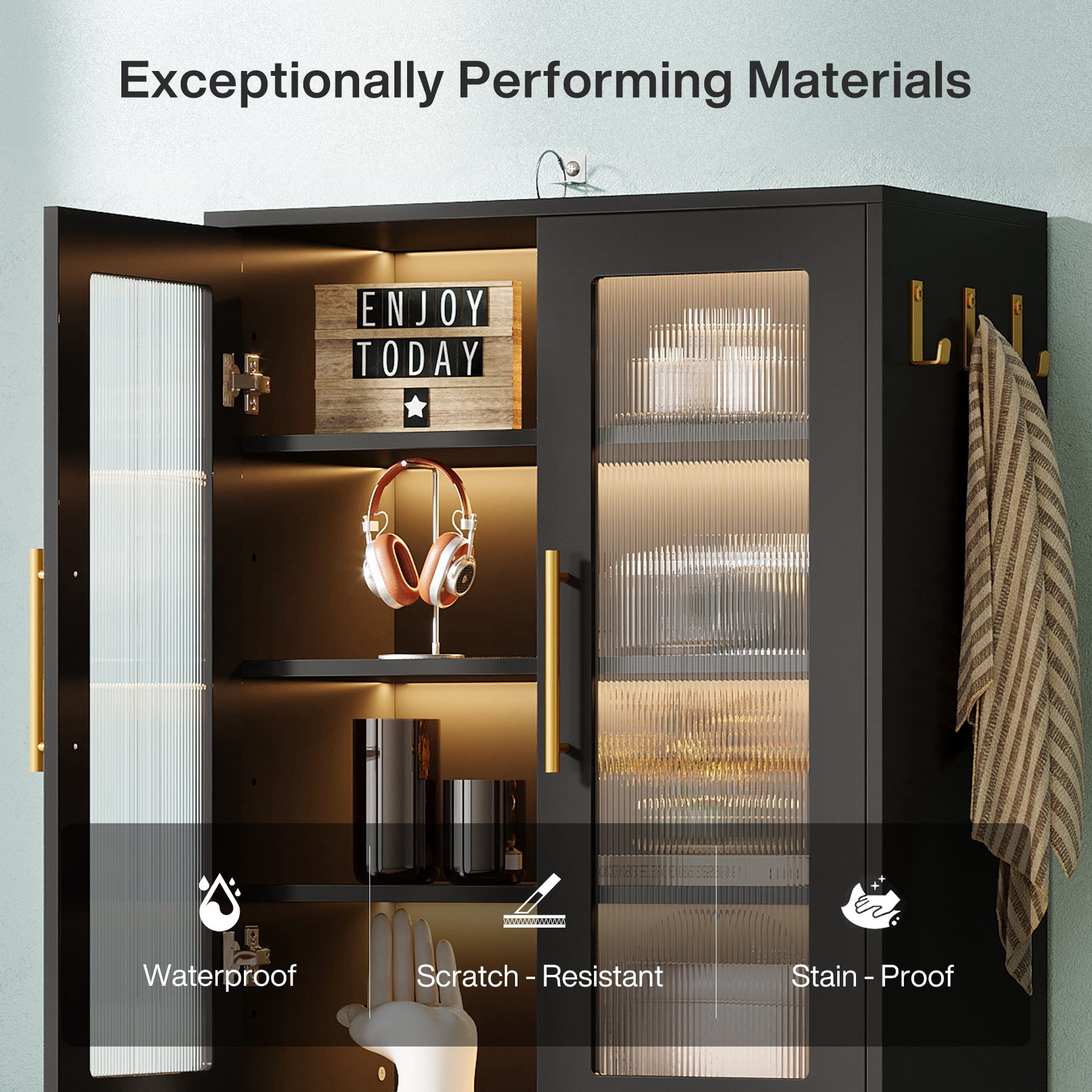 Fnova 66.93" Bookcase with Doors, 8 Tier Storage Cabinet with LED Lights for Living Room, Bedroom, Study, Black