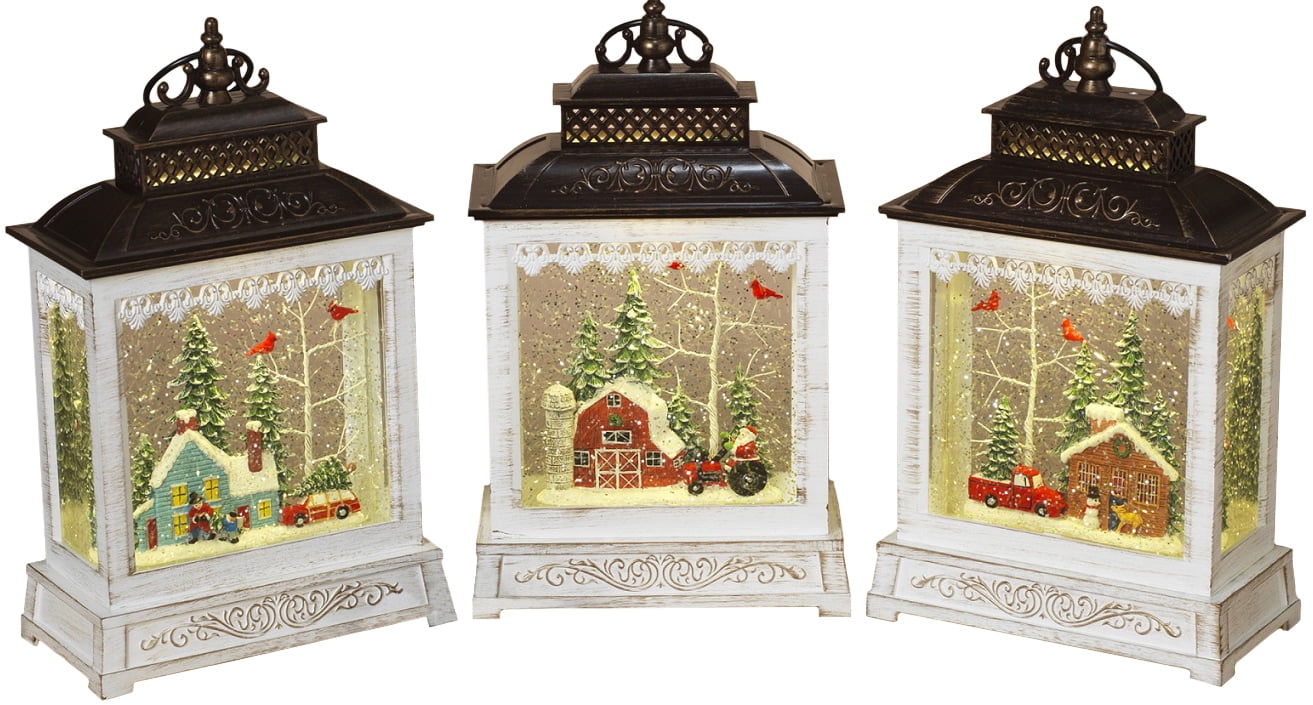 Battery Operated Christmas Spinning Water Snow Globe Lanterns, (Set of