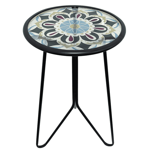 Liffy Outdoor Mosaic Table - Stylish Flower Art Design Metal & Glass End Table-Plant Stand for Patio, Balcony and Living Room - 12x12x22 inches