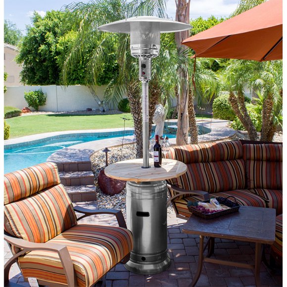 Calentador de patio PrimeGlo AZ de acero inoxidable con mesa de madera de 220 cm