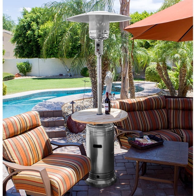 Calentador de patio PrimeGlo AZ de acero inoxidable con mesa de madera de 220 cm