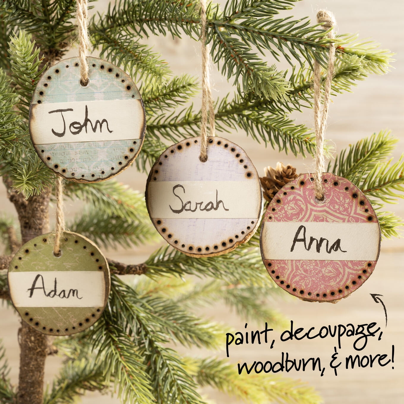 (2 pack) Plaid Wood Surface Pine Ornaments, Set of 4, 2.5"