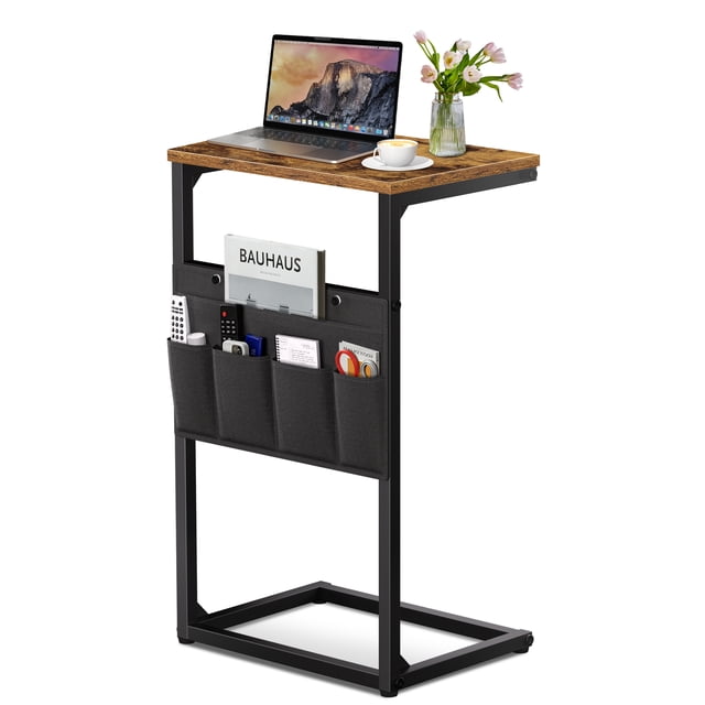 OUTONLIFE C Shaped Sofa Side Table, Small Slim End Table with Storage Bag, Couch Arm Table for Living Room, Black