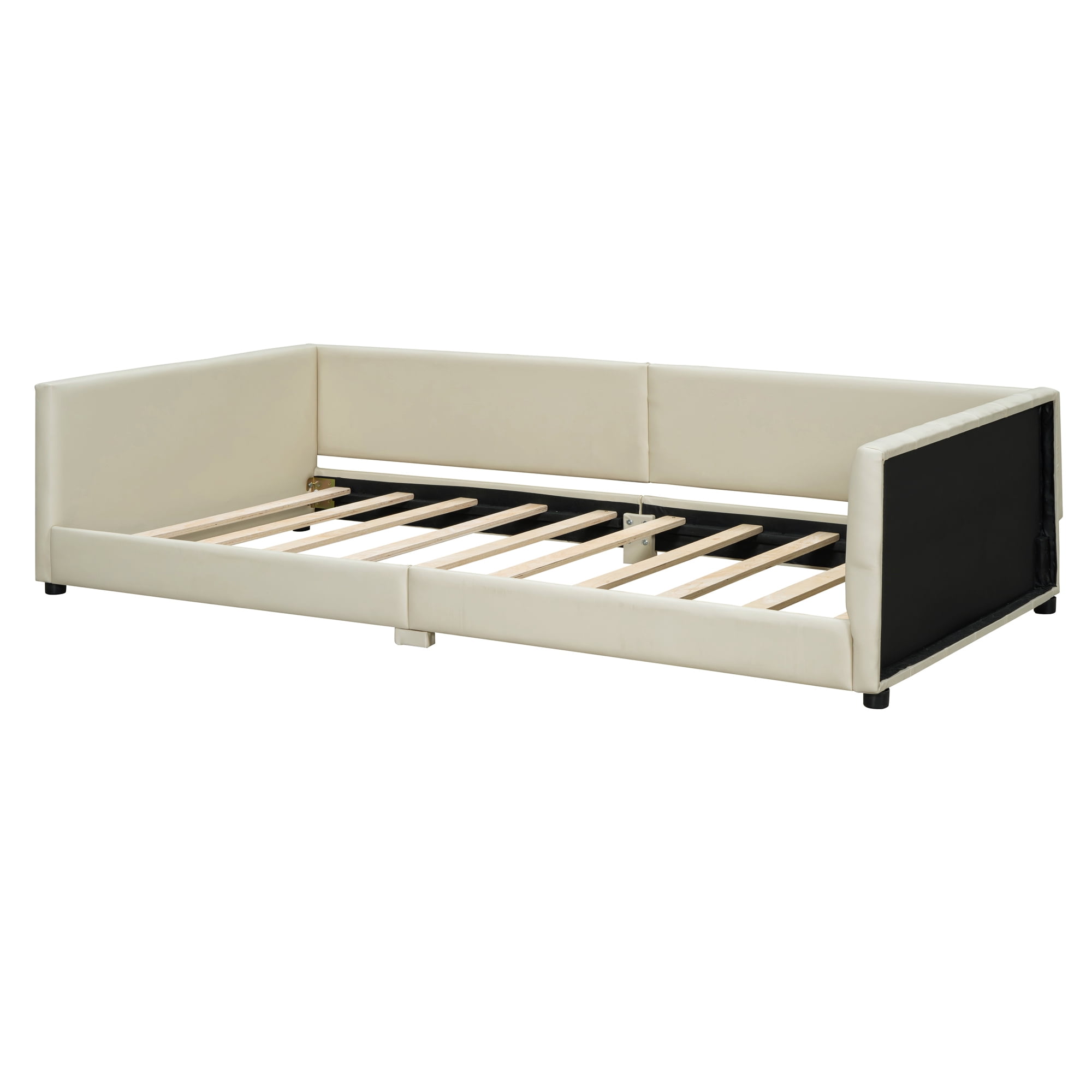 Harper & Bright Designs Wooden Mother Bed Frame Queen and Twin XL Size Daybed, PU Leather Upholstered Grounded Platform Bed, Beige