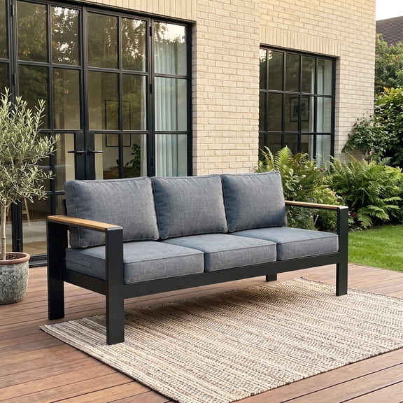 LayinSun Outdoor Patio Furniture Aluminum Couch, All-Weather Metal Sofa with 5" Thick Cushions for Porch, Balcony