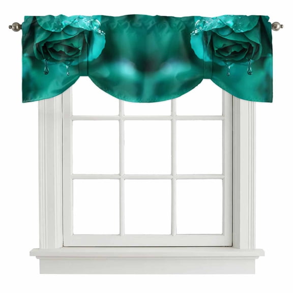 Green Rose Tie Up Valance Curtains for Windows, Kitchen Curtains Window Treatments, Elegance Fantasy Flowers Romantic Short Window Shades Valances for Bedroom Bathroom Cafe 42"x18"
