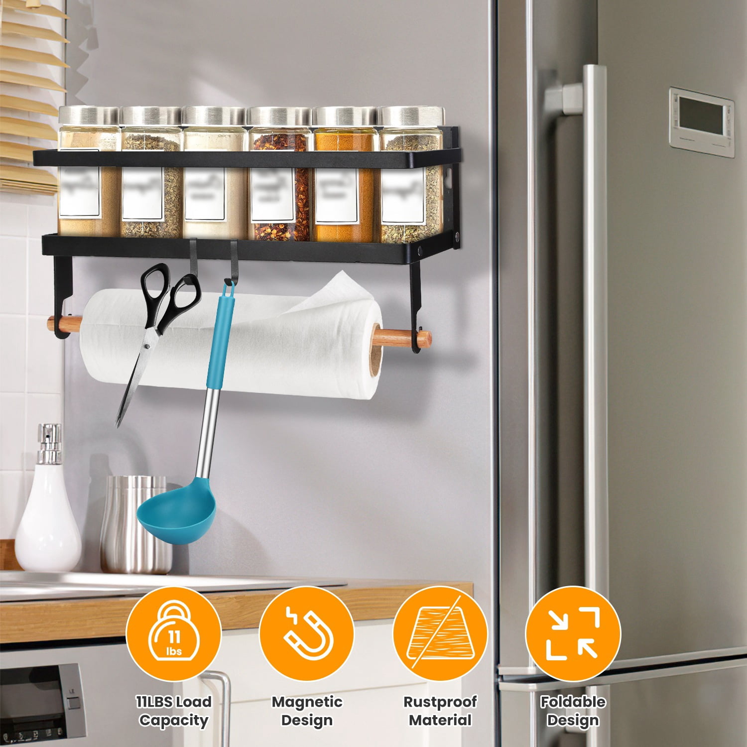 Magnetic Spice Rack for Refrigerator TeqHome 2Pcs Magnetic Fridge Shelf with Hooks Seasoning Organizer Gadgets for Metal Surface