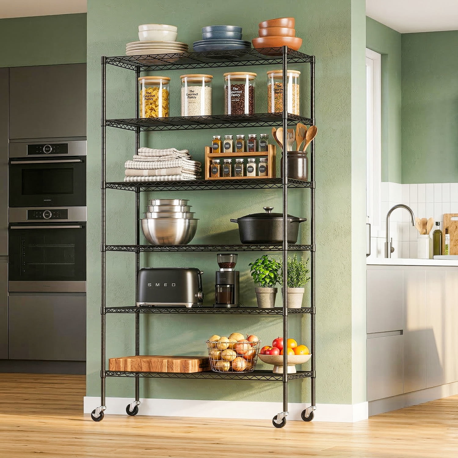 BestOffice 6 Tier Wire Shelving Unit with Wheels 2100LBS Capacity-18x45x82, Black