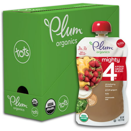 Plum Organics Mighty 4, Organic Toddler Food, Strawberry Banana, Greek Yogurt, Kale, Oat & Amaranth, 4oz Pouch (Pack of