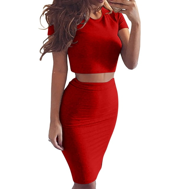 Fankiway Ensemble d'Été pour Femmes Col Rond Manches Courtes Jupe Fesses Enveloppantes Tenues d'Été 4419 Pcs
