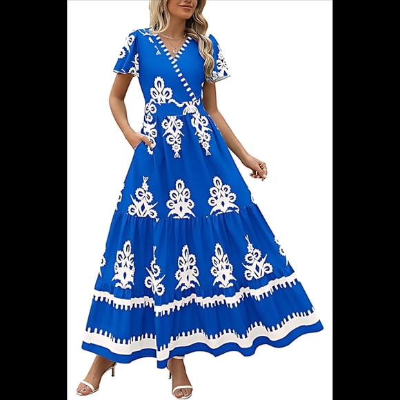 Vestido de Corta con Cuello en V, Estampado Floral, Bolsillos y Mangas Acampanadas, Azul, Talla L