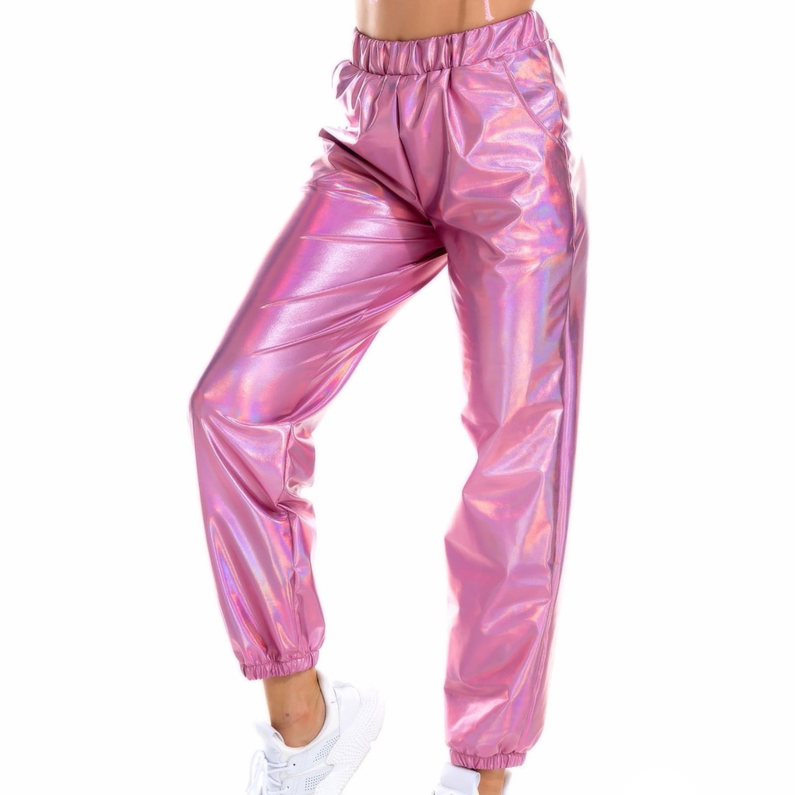 Womens Shiny Metallic High Waist Stretchy Jogger Pants Hip Hop Club Wear Holographic Trousers Sweatpant