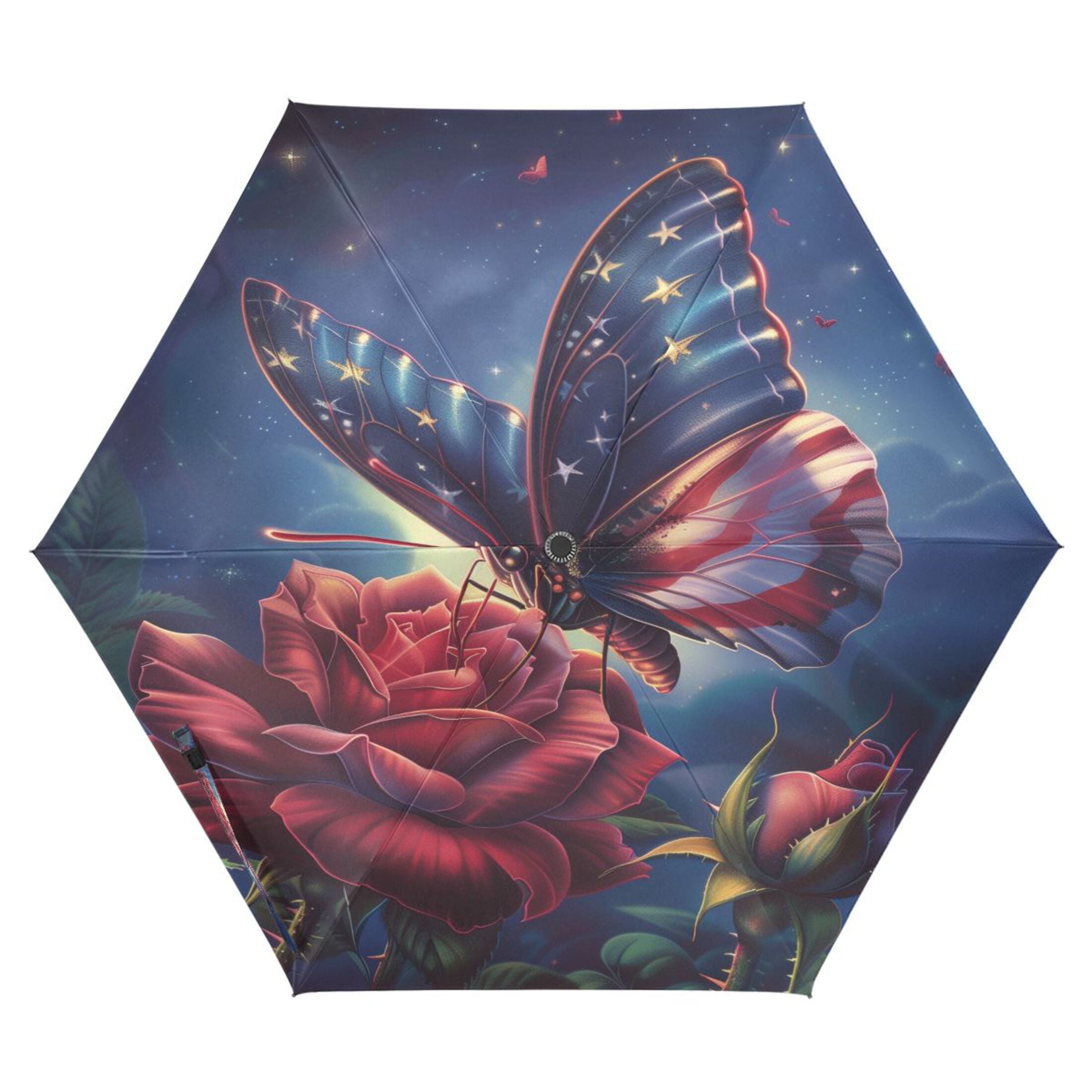 Compact Sun Umbrella Windproof Travel Umbrellas for Rain Strong Portable UV Protection American Flag Colored Butterfly with Flower