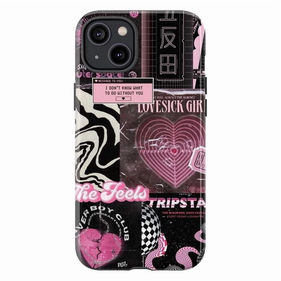Pink and Black Aesthetic Phone Case, Love Heart Retro Collage Design, Protective Cover for iPhone 17 16 15 14 13 12 11 Pro Max Plus Mini