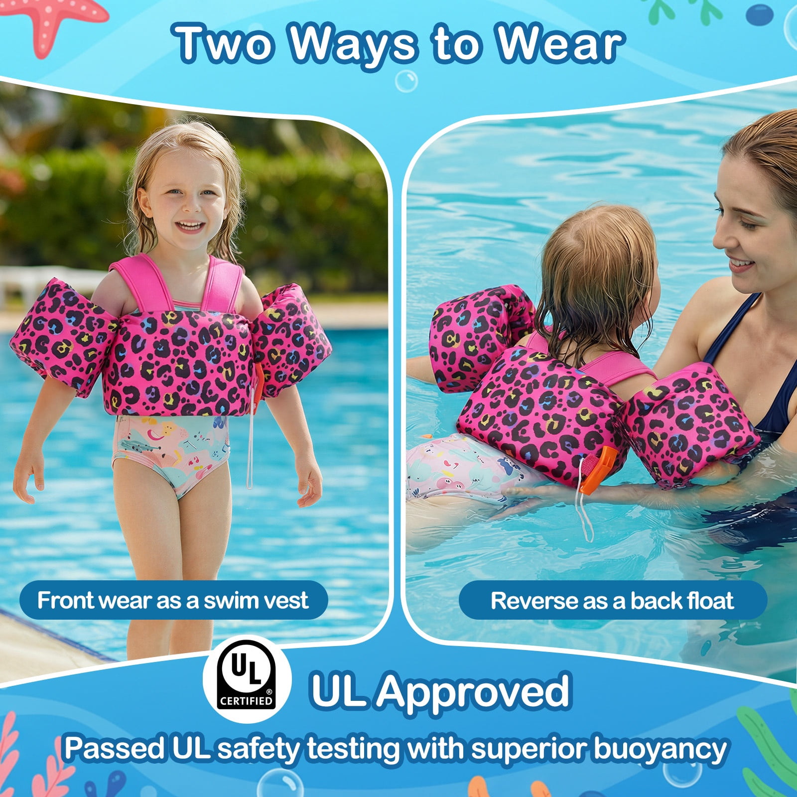 MoKo Kids Swim Vest with Armbands, Toddler Floaties for 20-50 lbs, 2-7 Years Girls Boy, Rose Red Leopard