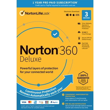 Norton 360 Deluxe, Antivirus Software for 3 Devices, 1 Year Subscription, PC/Mac/iOS/Android [Card]