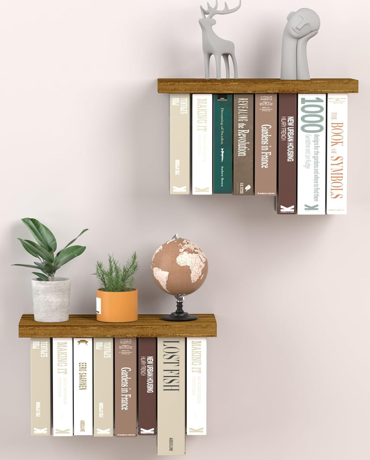Floating Book Shelves for Wall Mounted Set of 2, Wood Hanging Bookshelf, Book Display Shelf for Wall, Unique Space Saving Book Shelf Wall Book Holder (Black)