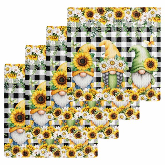 Spring Gnomes Kitchen Dish Towels for Drying Dishes Set of 4, Botanical Budding Sunflowers Buffalo Plaid Waffle Weave Microfiber Hand Tea Bathroom Towels Quick Dry & Absorbent Towel 12x12