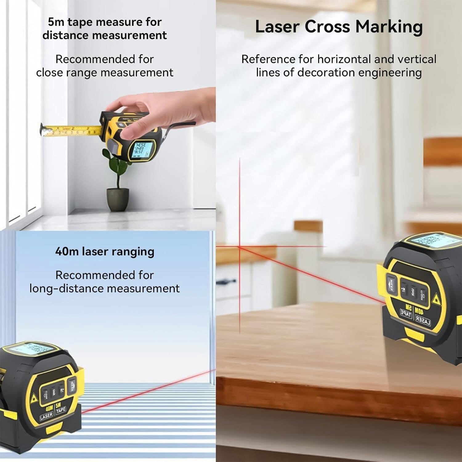 3-in-1 Multi-functional Measuring Tape with Laser Level Crosshair and LED Display, Digital Measuring Tape  with Cross Line, AutoLock, Measure Area, Volume, Pythagorean