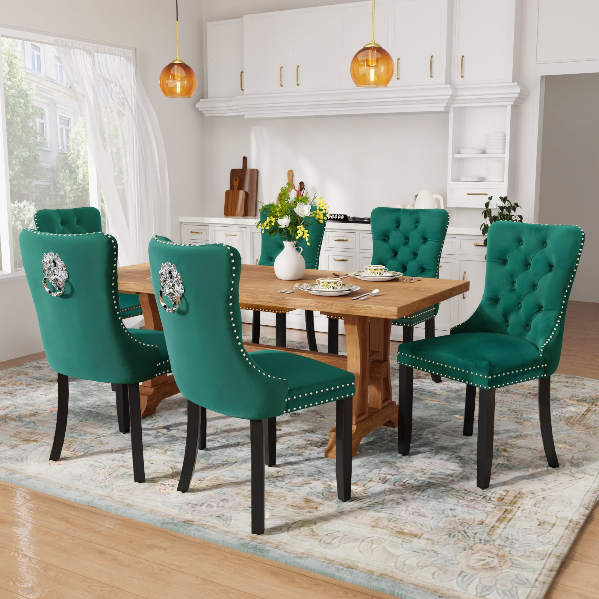 DONICK Velvet Upholstered Dining Chairs , Kitchen & Dining Room Chairs, Nailheads Tufted, Soft, Solid Wood Frame (Green, Set of 4)