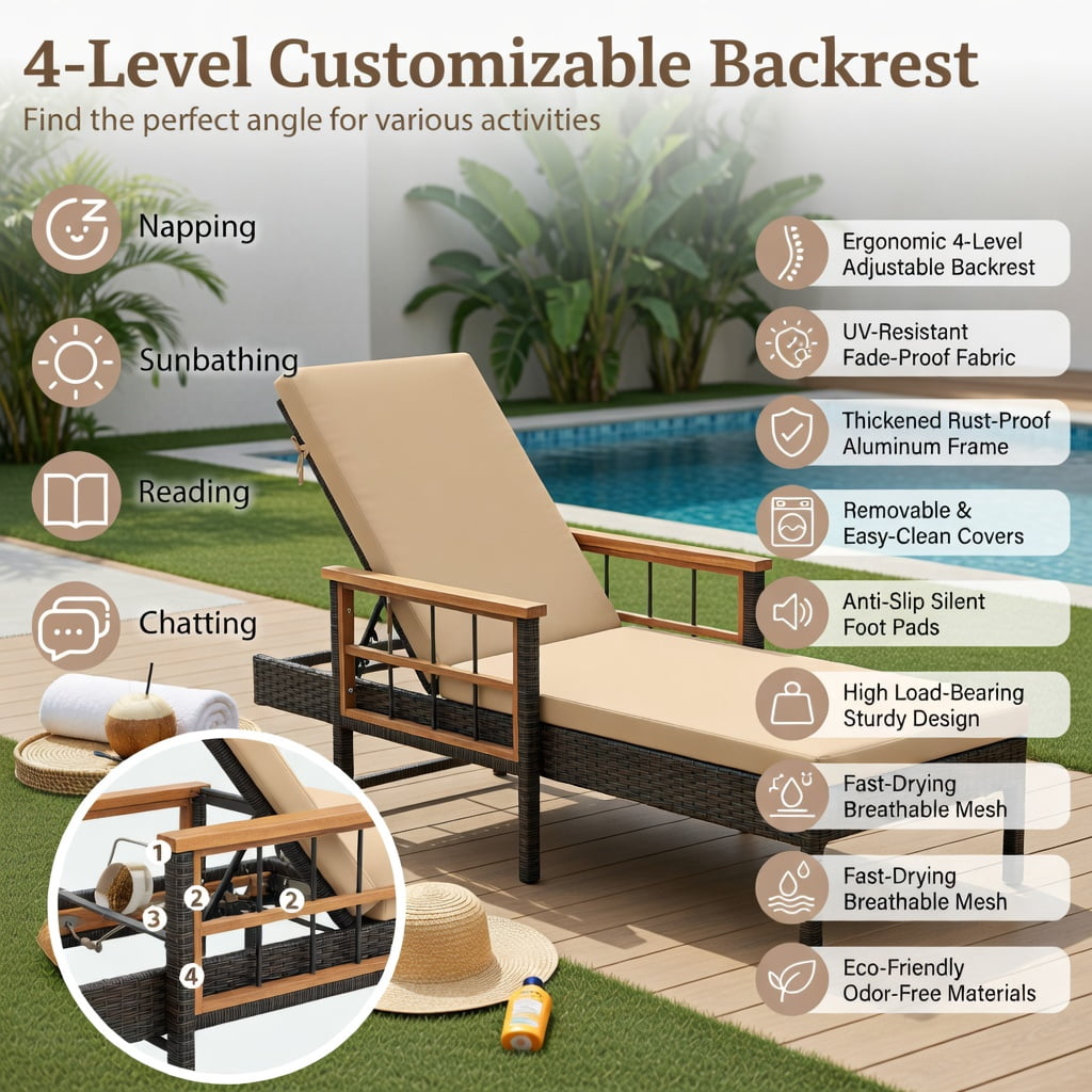 Hommoo Outdoor Chaise Lounge Chair with 4-Position Adjustable Backrest, Cushions, PE Rattan & Acacia Wood Frame, White
