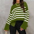 thumbnail image 2 of Odeerbi Fall Winter Striped Cotton Sweater For Women 2025 Long Sleeve Crew Neck Side Slit Oversized Pullover Sweater Green, 2 of 9