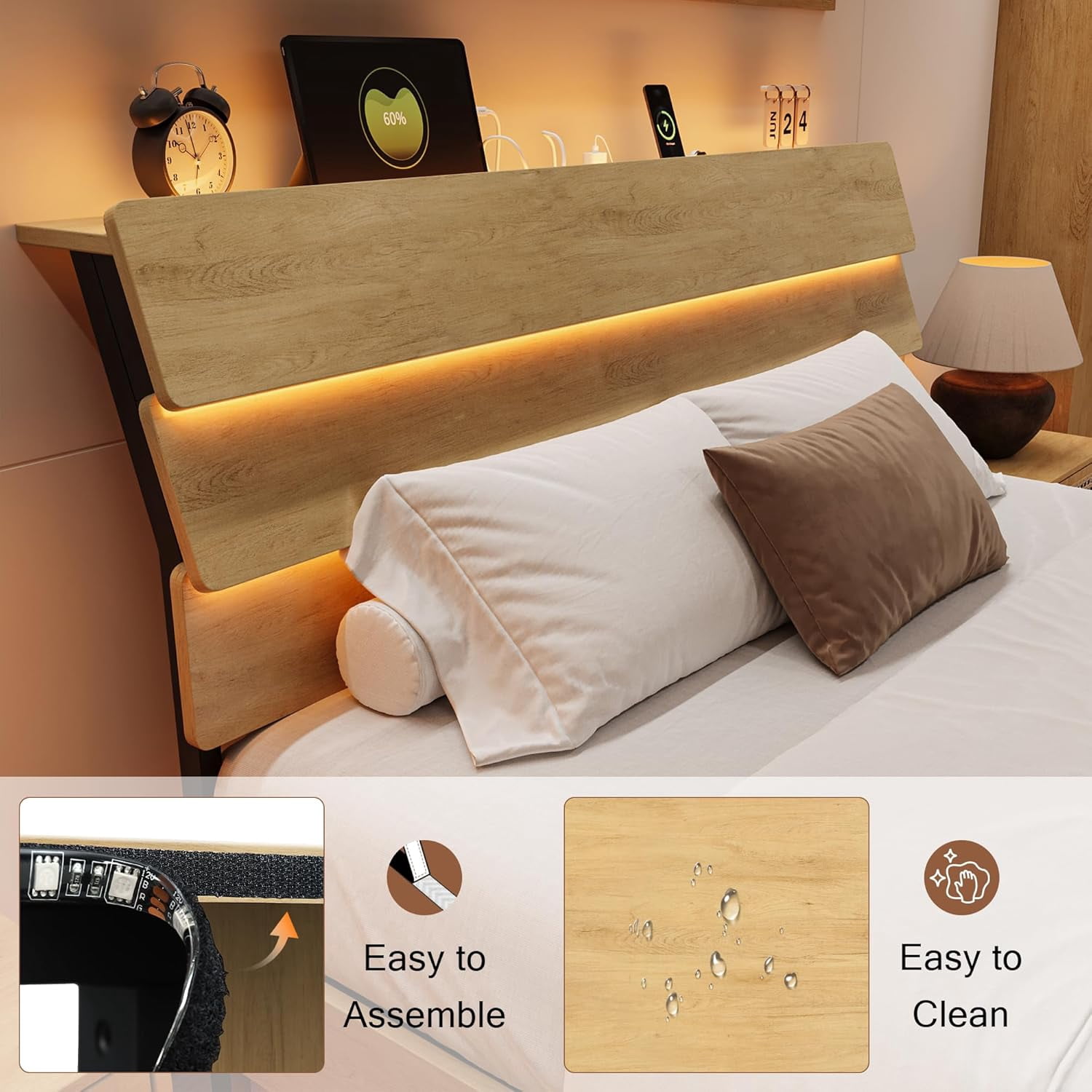 Feonase Full Floating Bed Frame with LED Lights & Charging Station, Platform Bed with Wooden Storage Headboard, Steel Slats Support, No Box Spring Needed, Easy Assembly, Noise-Free,Oak