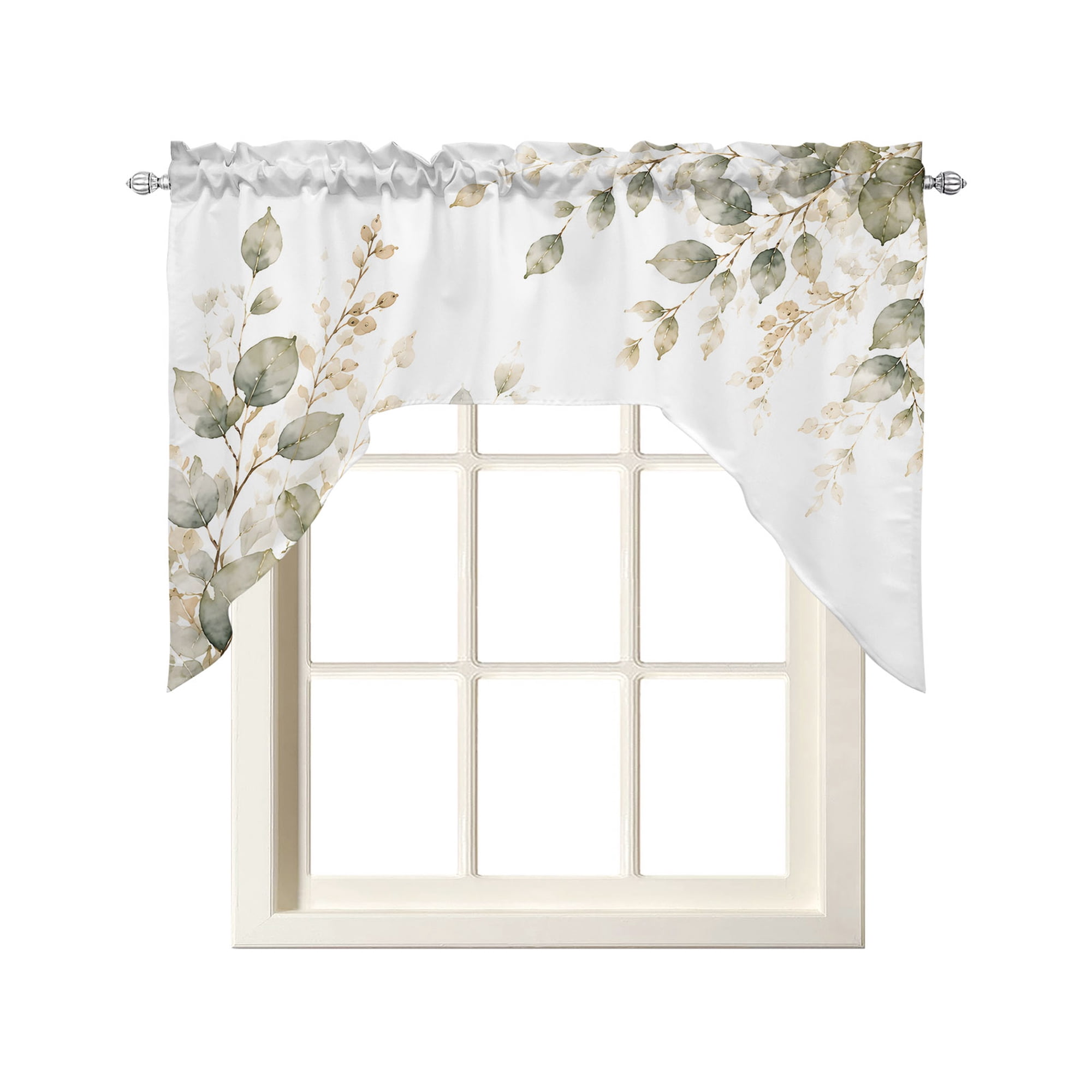 Green Eucalyptus Leaves Swag Curtains for Kitchen Farmhouse Country Watercolor Plants Valances for Windows Rod Pocket Small Window Treatment Short Topper for Cafe Bedroom Living Room 56x36 Inch