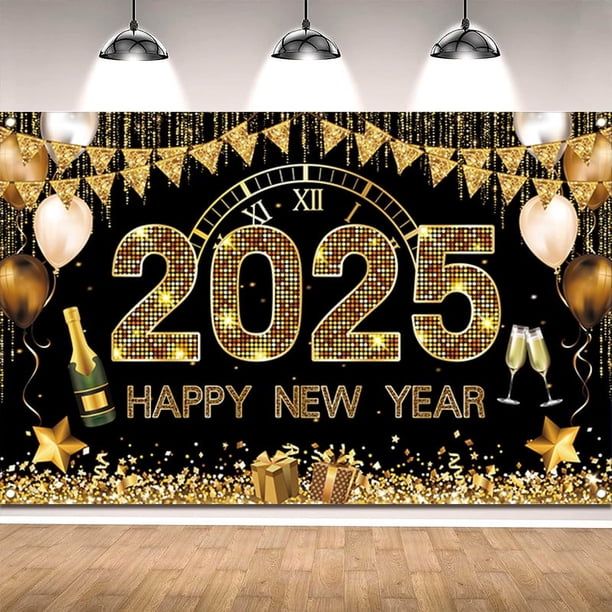 Fondo de Año Nuevo 2025 Fondo de Año Nuevo Negro y Dorado Banner de Fiesta de Fin de Año Decoración de Fiesta de Nochevieja