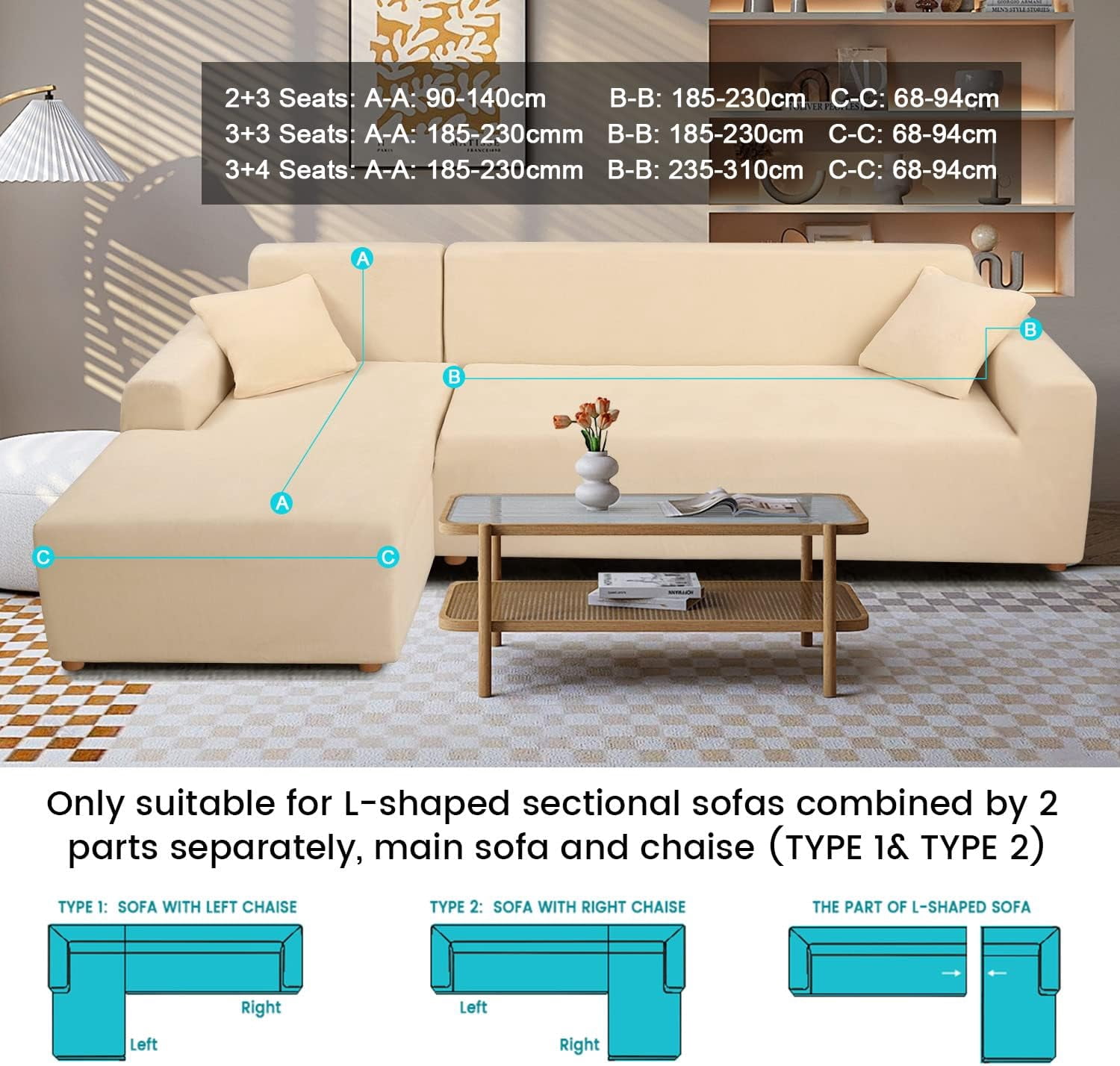 TOPCHANCES 2-Pieces L-Shaped Sectional Sofa Covers, Thicken Velvet Sofa Couch Slipcovers for 3 Seats+3 Seats Corner Couch (Beige)