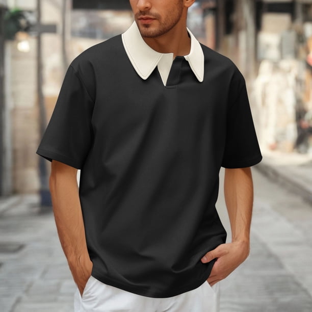 pstuiky camisetas camisas para hombre, Blusa informal de manga corta con cuello vuelto y botones de color liso para hombre ropa de hombre xxxxxl