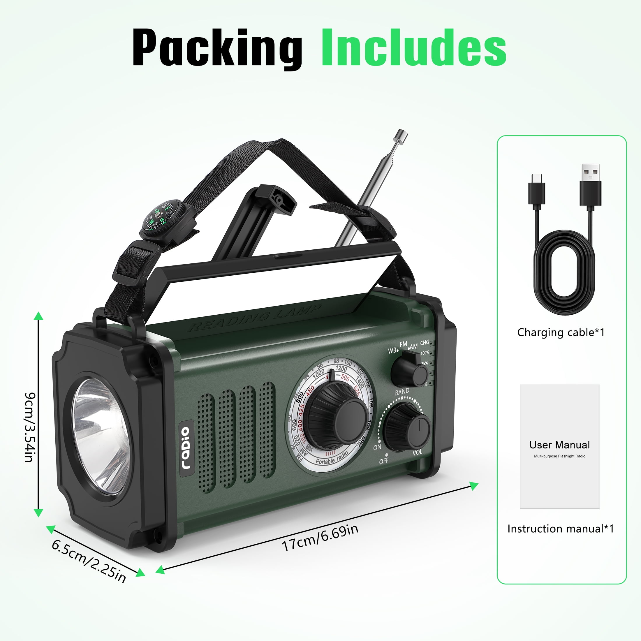 Skyhot 10000mAh Portable Hand Crank Solar Emergency Weather Radio with NOAA/AM/FM/Type-C USB Charging Radios/LED Reading Light/SOS/Compass for Outdoor Camping/Hiking/Travelling