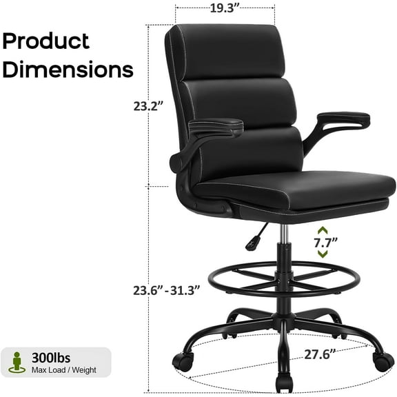 Tall Drafting Chair, Executive Office Chair with Padded Flip-Up Armrests, Ergonomic Computer Standing Desk Chair with Comfortable Leather Backrest and Adjustable Footrest Ring, Black