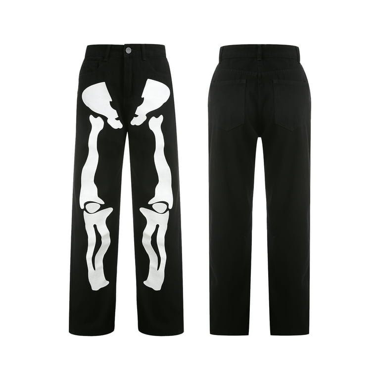 ZIYIXIN Men Women Halloween Trousers with Skull Pattern, Y2K Zipper Wide  Leg Straight Denim Pants Streetwear 