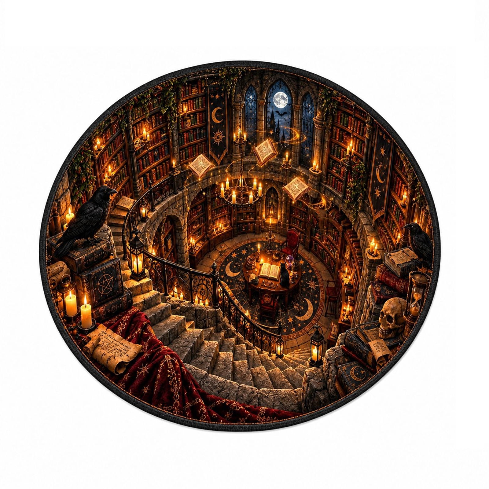 Gothic Dark Academia Round Area Rug Spooky Halloween Magical Library Design Home Decor for Living Room Bedroom