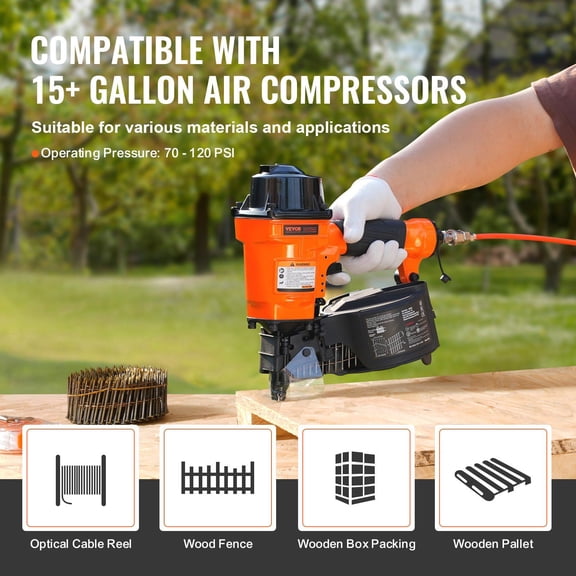 MCN55 Professional Pneumatic Nailer, 15-Degree, for 1" to 2-1/4" Coiled Nails - Efficient for Siding, Fences, & More
