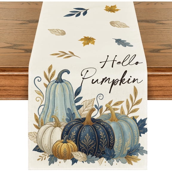 Blue Pumpkin Golden Stripe Leaf Fall Table Runner, Seasonal Autumn Kitchen Dining Table Decoration for Home Party Decor 13x72 Inch
