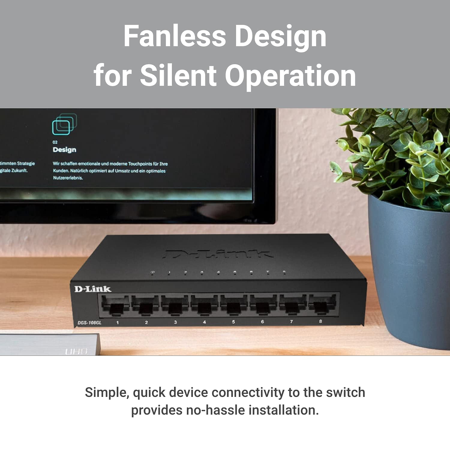 D-Link 8 Port Gigabit Ethernet Unmanaged Switch Plug and Play Metal Fanless Design (DGS-108GL)