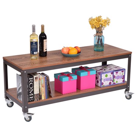 Rolling Bookshelf - 2 Tier Wood Metal Rolling Storage Rack Bookcase Shelves Display Organizer New
