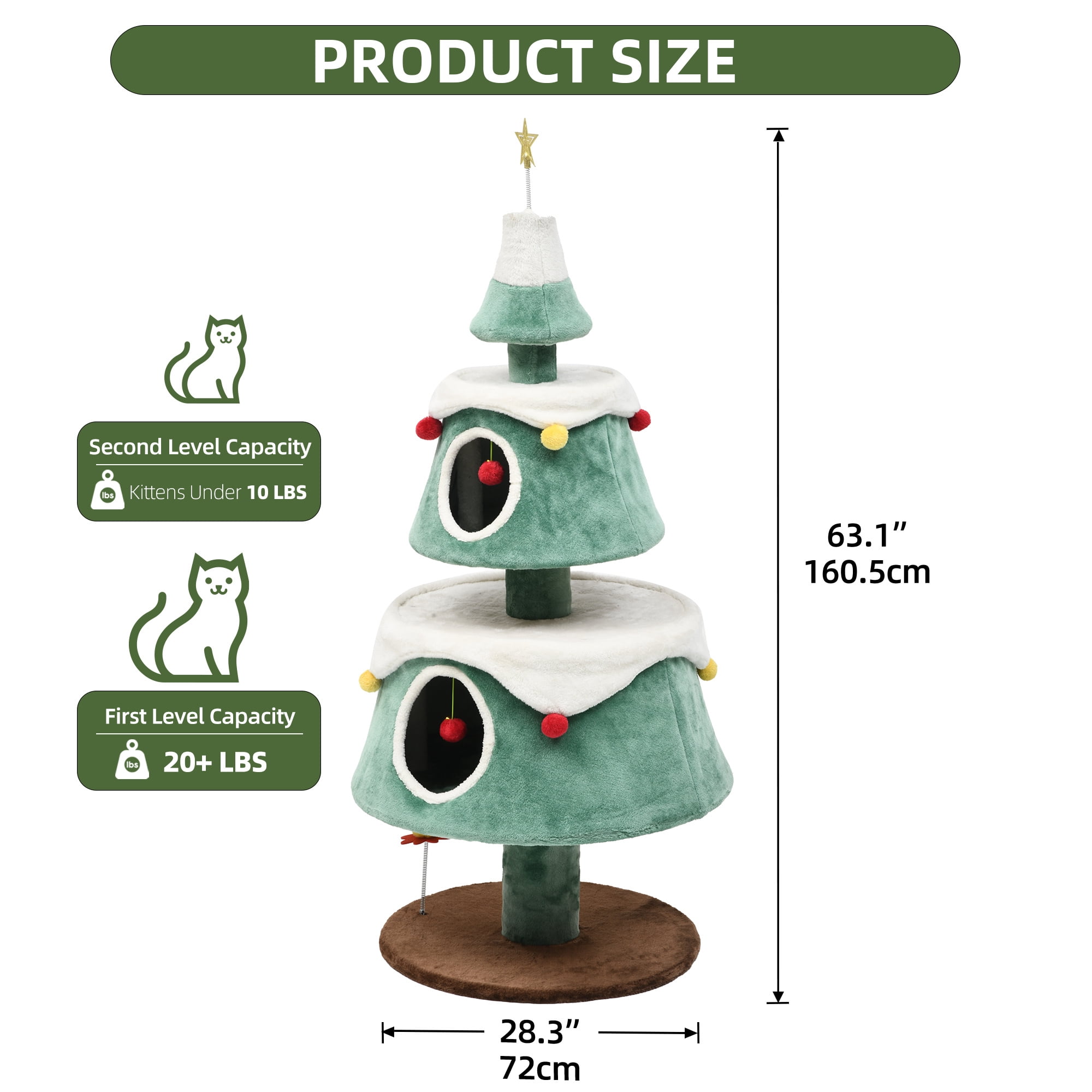 Uforic 63 Inch Festive Multi-Tier Cat Tree Tower with 2 Semi-Closed Rest Condos, Hanging Plush Interactive Toys for Small Medium Cats