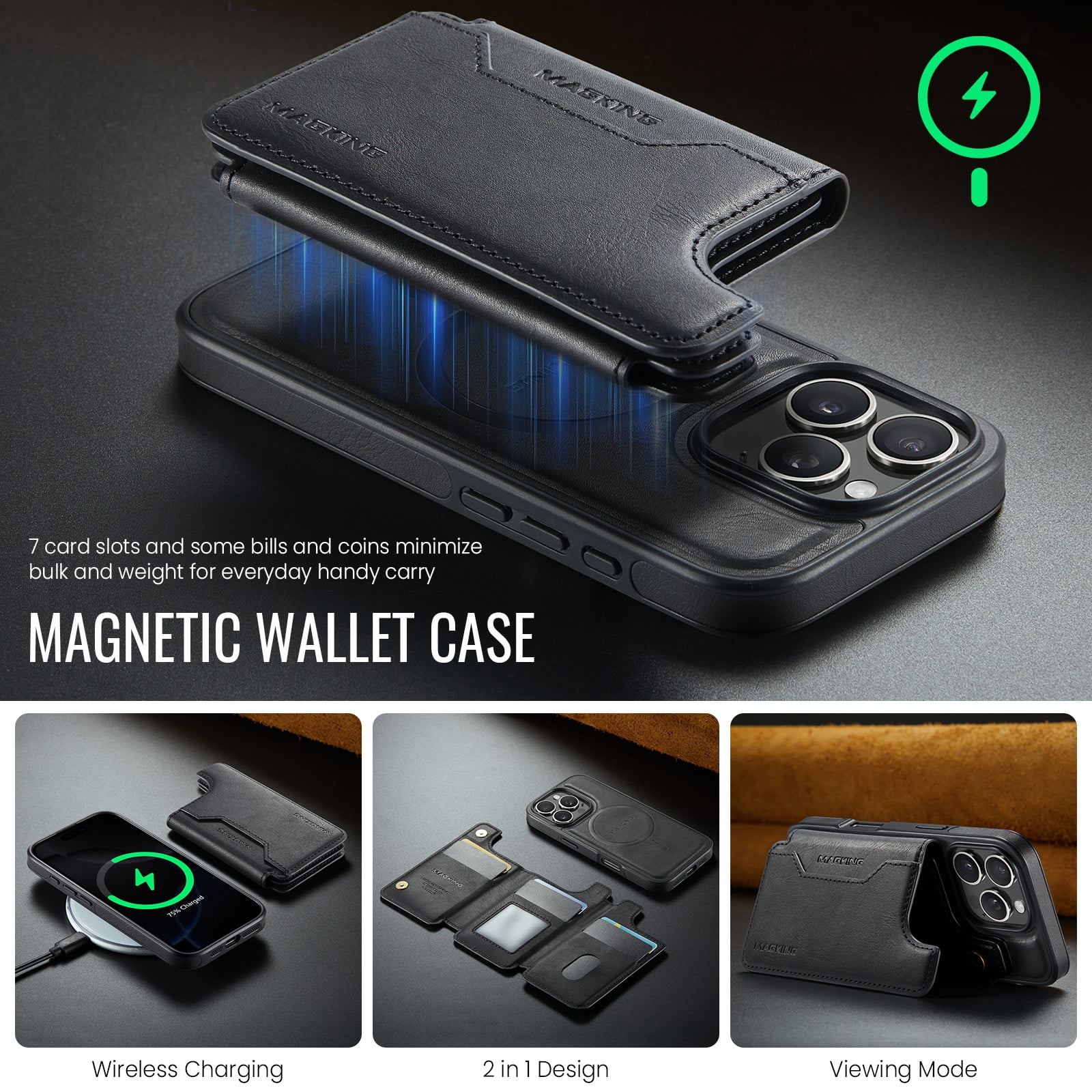 Designed for iPhone 16 Pro Max Wallet Phone Case,Magnetic Detachable Flip Card Holder,Back Flip Kickstand,Compatible with Mag-Safe,2-in-1 PU Leather Heavy Duty Shockproof Phone Case,Black