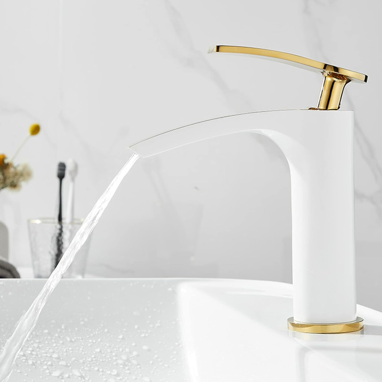 Waterfall Bathroom Faucet, Brass Faucet Bathroom, Hot and Cold Water Mixer Tap, Single Handle Waterfall Bathroom Sink Faucets White Gold, Short
