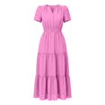 thumbnail image 5 of Bysome Women Dress Solid Color Short Sleeve V-Neck Pleated Flowy Dresses Summer Casual Women Dresses Size M Pink, 5 of 5