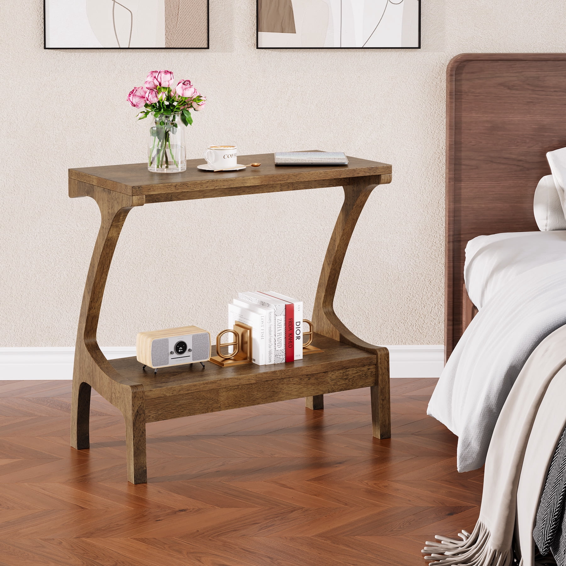 TRIBEWOOD Solid Wood End Table with 2-Tier Storage, Narrow Side Table for Sofa, Brown