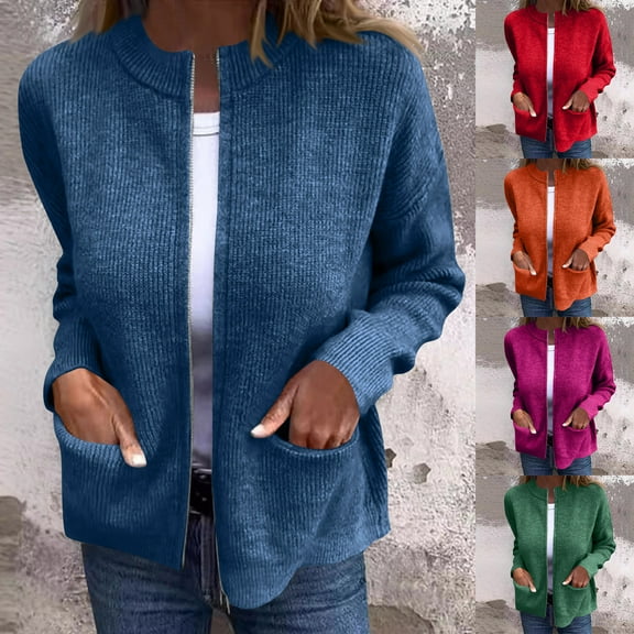 Antinious Womens Plus Size Solid Long Sleeve Ribbed Knit Zipper Button Sweaters for Women with Pockets Outerwear,Womens Sweaters,Warm Winter Coats,Hot Pink,XXXXXL